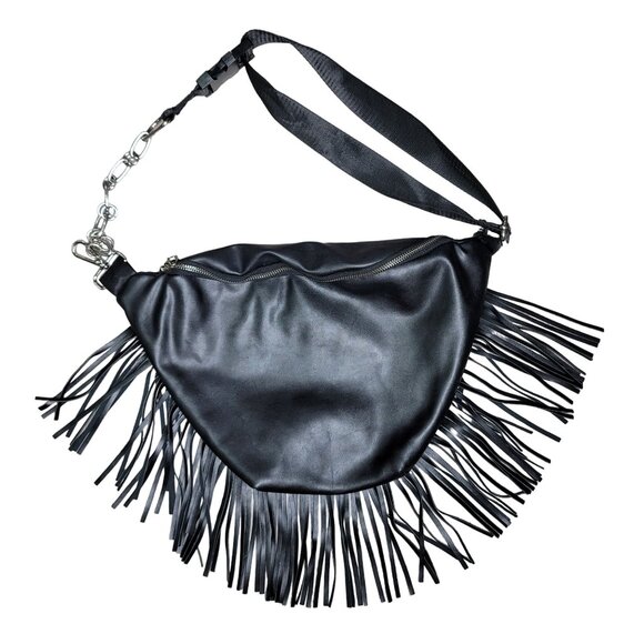 Sacred Hawk Fringe Waist Bag Black Faux Leather cross body boho Rocker bag - Picture 8 of 8